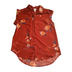 Ava & Viv Women's Red Floral Sleeveless Sheer Collared Button Up Top 1X